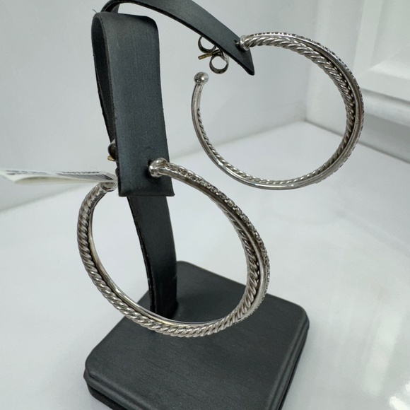 David Yurman Sterling Silver & Diamond Cable Classic Hoop Earrings - Picture 3 of 8